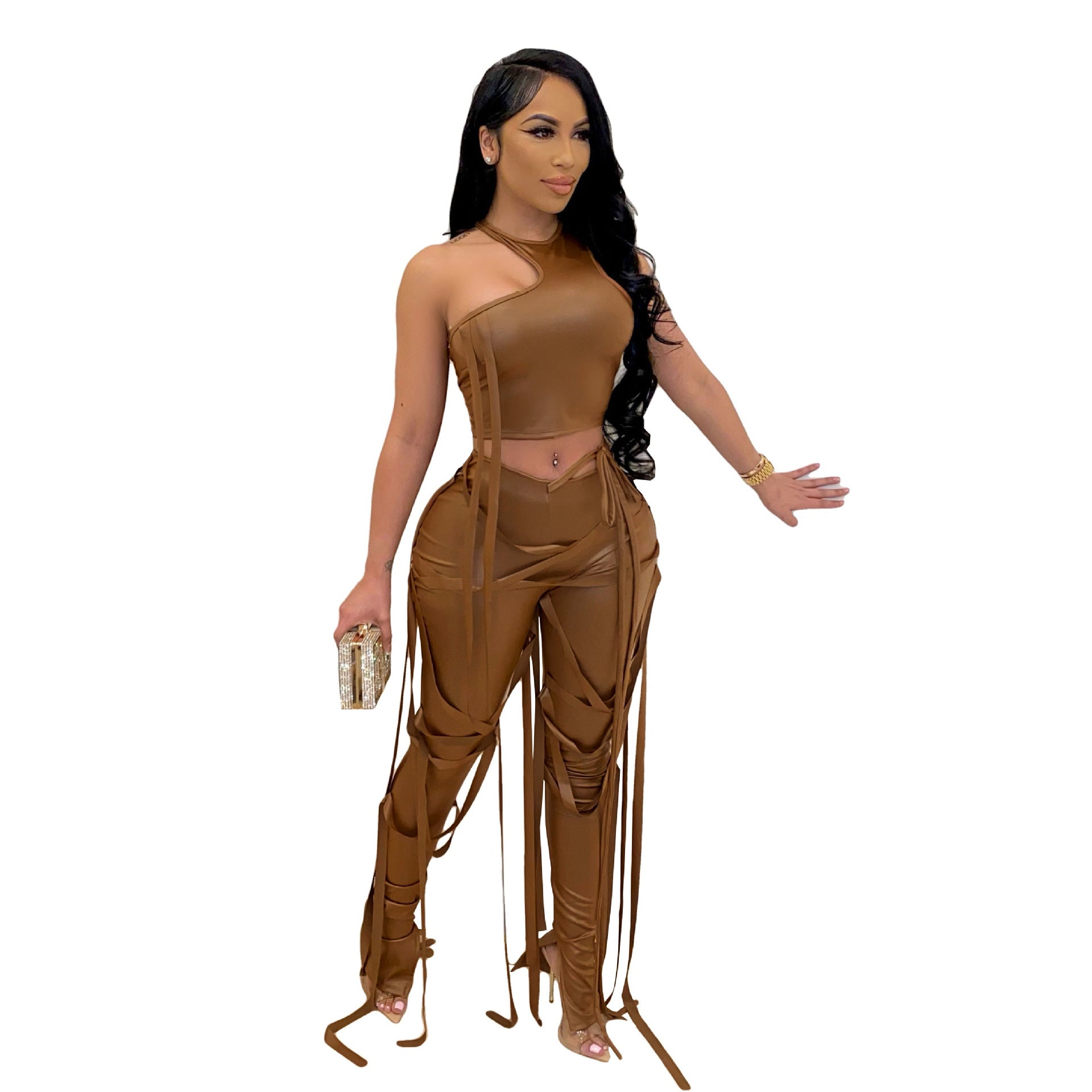 Women's Sexy Faux Leather Tank Top Lace-Up Pants Two Piece Nightclub Set 24