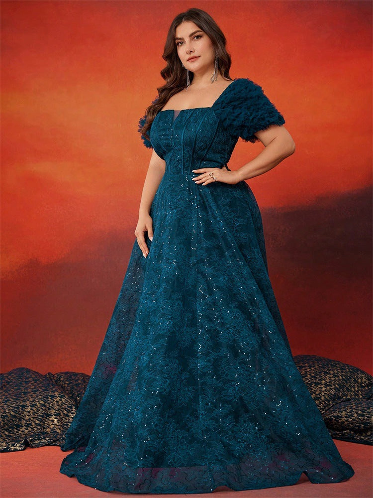 Plus Size A-Line Elegant Square Neck Short-Sleeve Party Dress Slim Waist Chic Ball Gown 6