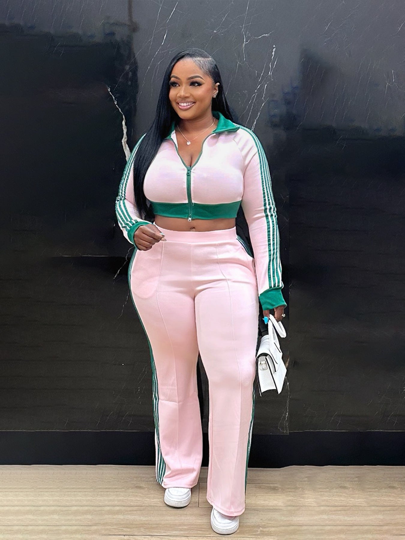 Women Casual contrast color zipper long-sleeved Crop Top and Pants two-piece set 5