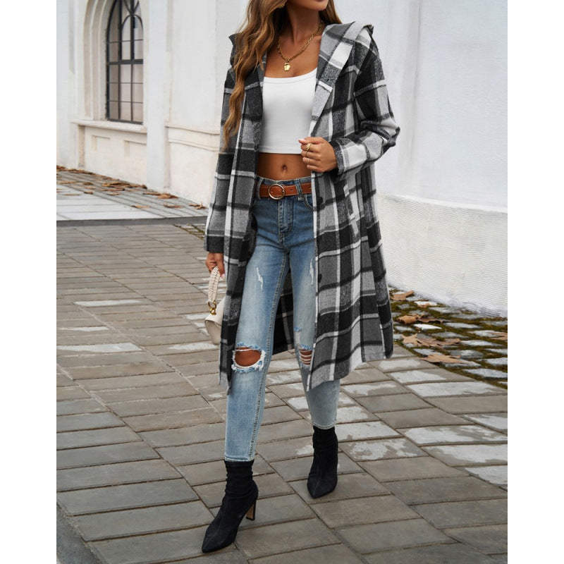 Women Plaid Hooded Long-sleeved Coat 6