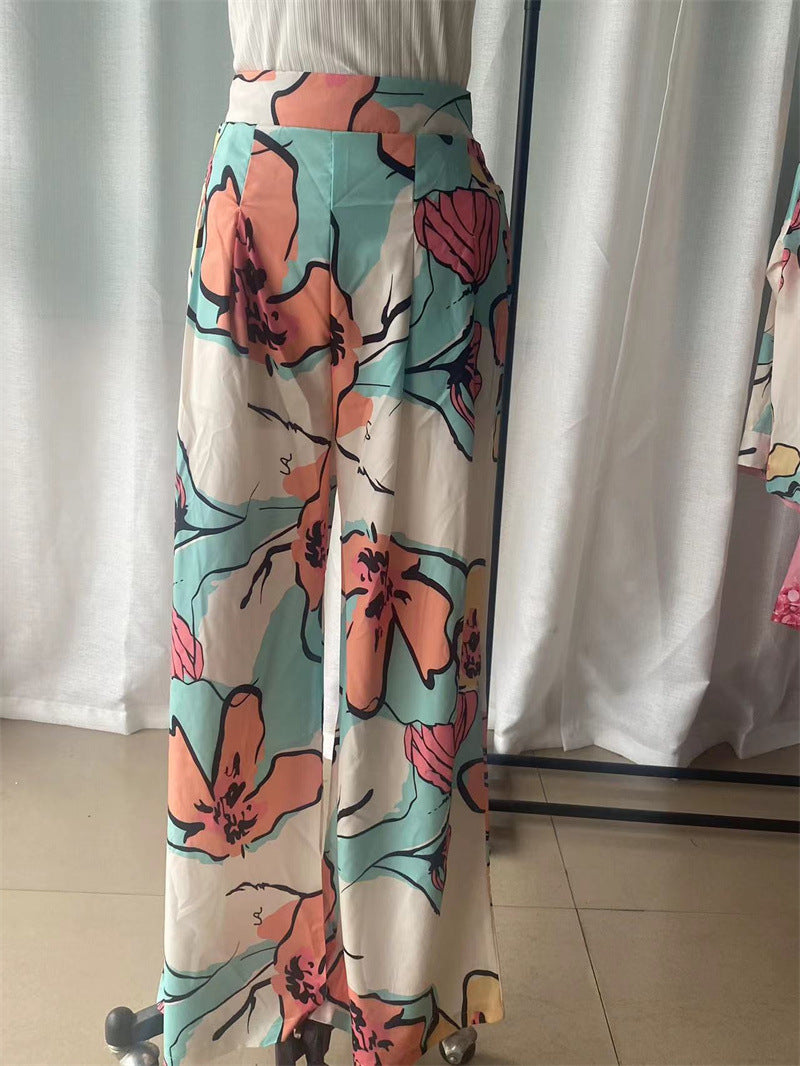 Chic Women's Plus Size Print Career Shirt High Waist Wide Leg Pants Two Piece Set 12