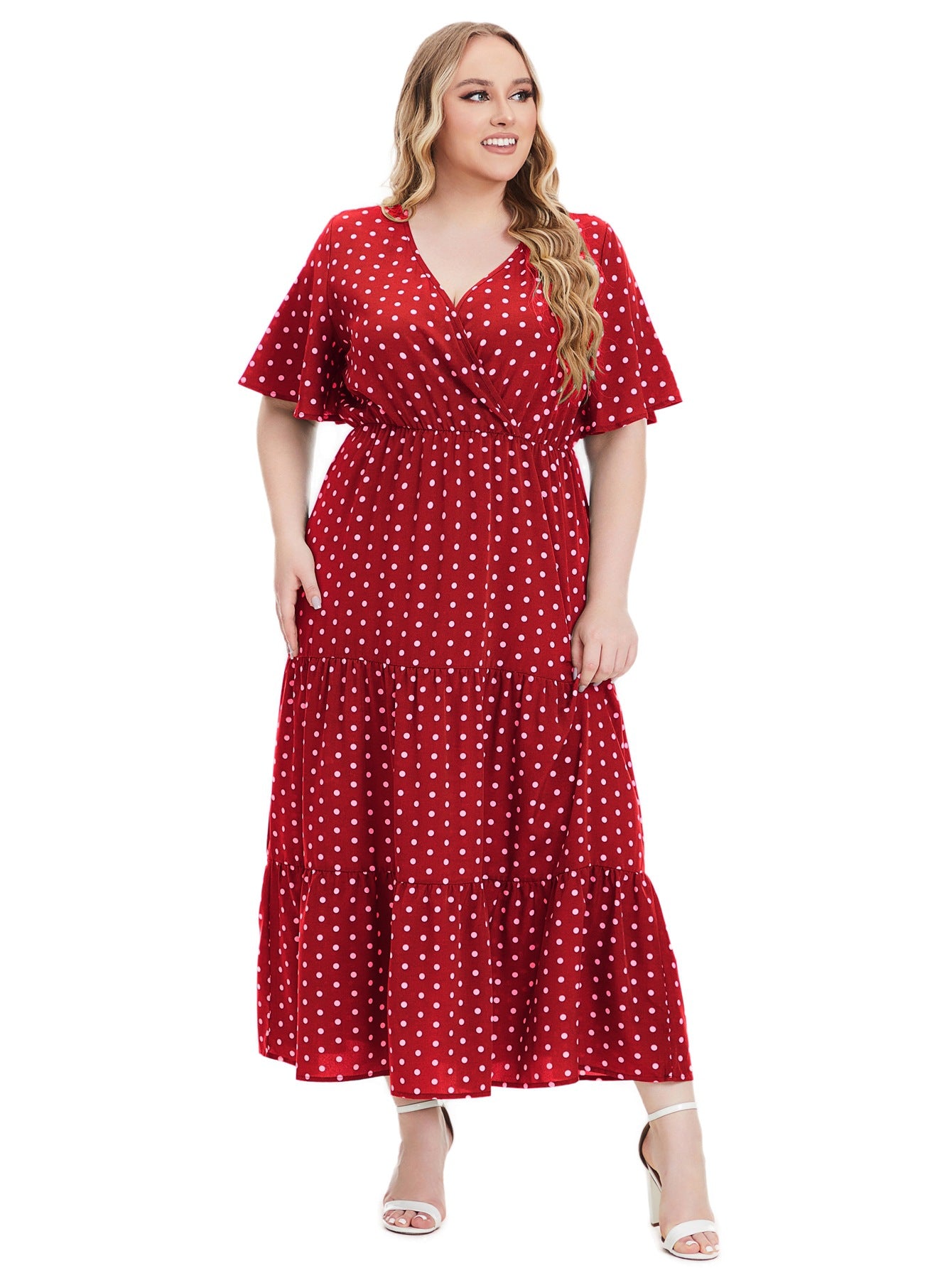 Plus Size Women Summer V Neck Polka Dot Short Sleeve Dress 3