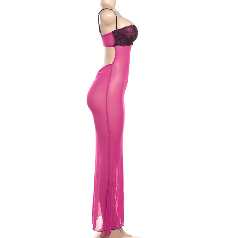 Women Summer Suspender Sexy Lace Patchwork See-Through Dress 7