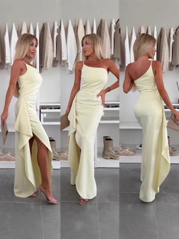 Summer Slash Shoulder Split Sleeveless Women's Sexy Slim Evening Dress 8