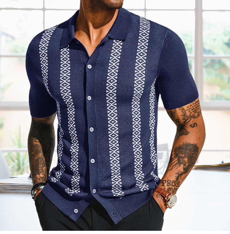 Men's Summer Striped Jacquard Knitting Short Sleeve Polo Top 4