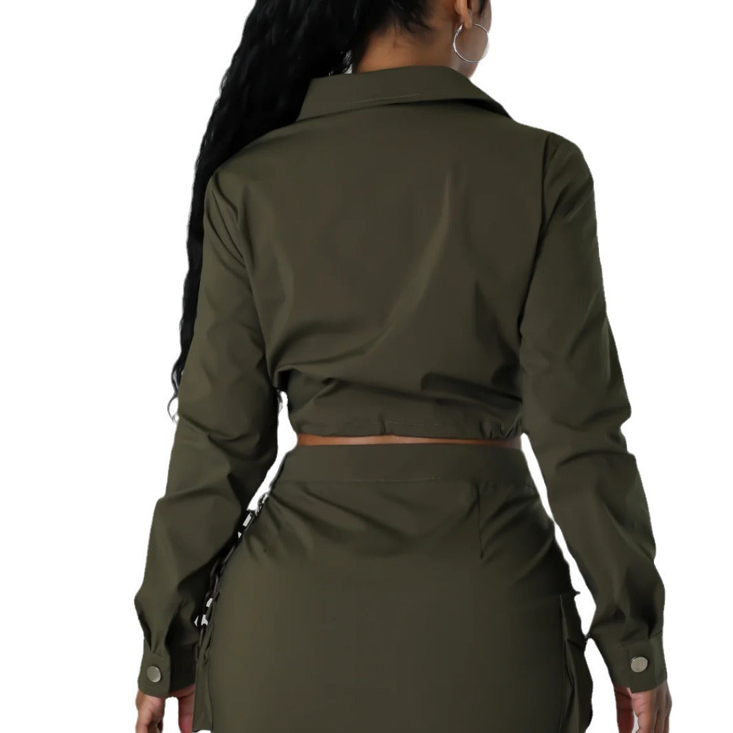 Women Turndown Collar Long Sleeve Pocket Top and Skirt Two-piece Set 6