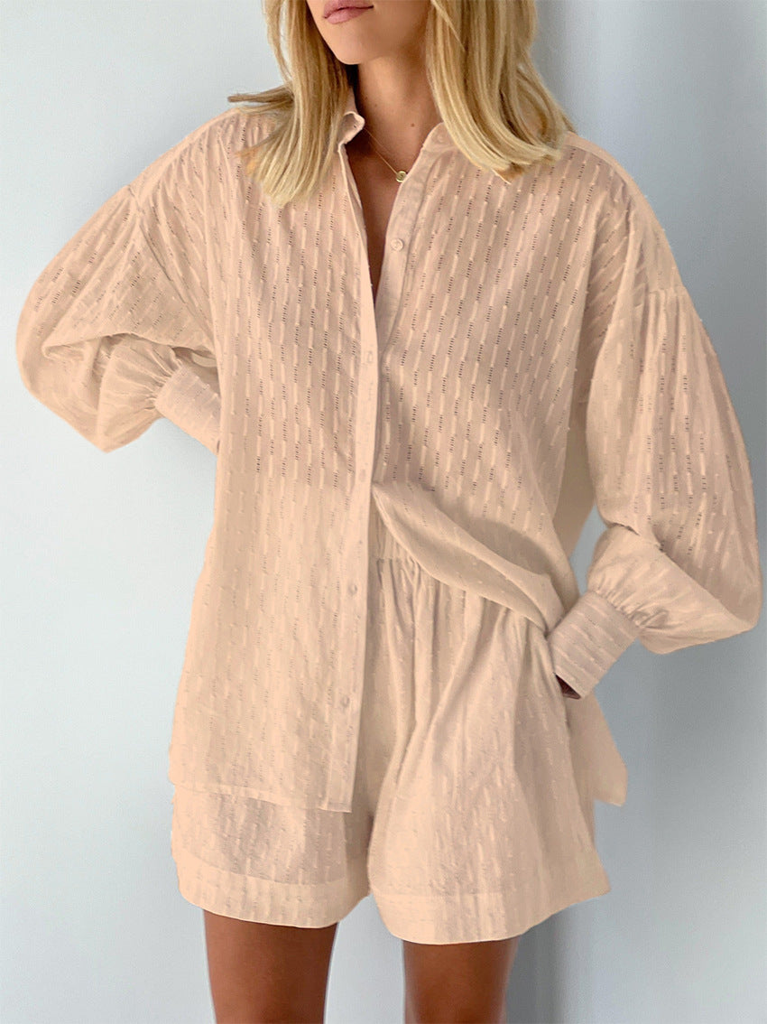 Summer Women Shirt Jacquard Puff Sleeve Top And Shorts Two-piece Set 10