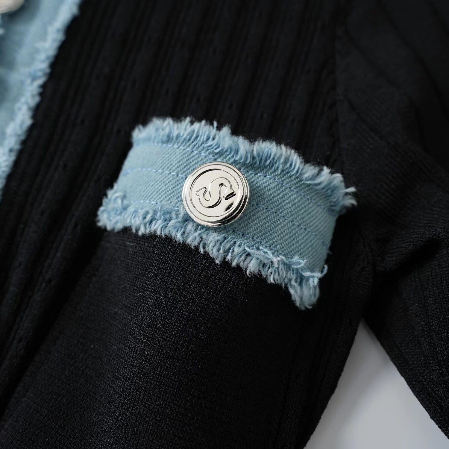 Denim Patchwork Round Neck Metal Button Slim Women's Knit Dress 14