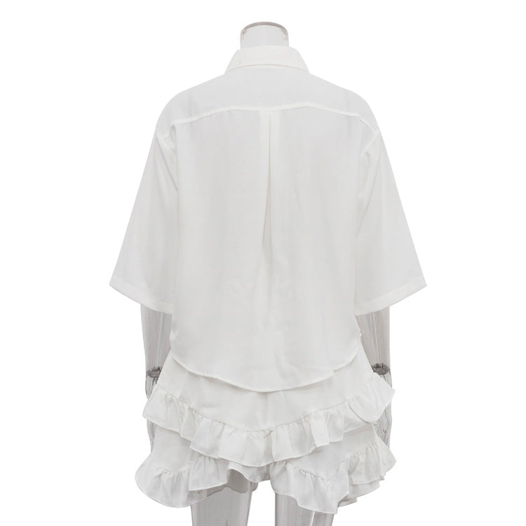 Turndown Collar Short Sleeve Shirt Fashion Ruffled Cake Skirt Two Piece Set 10