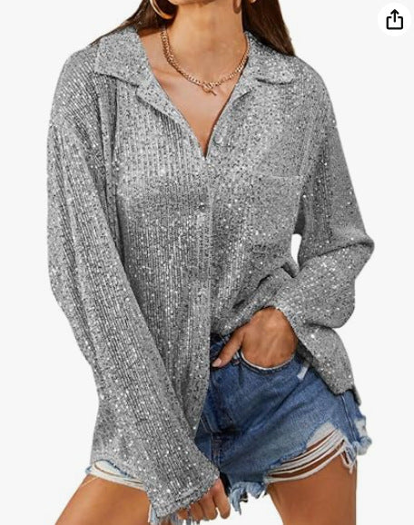 Women Sequin Long Sleeve Turndown Collar Casual Shirt 7