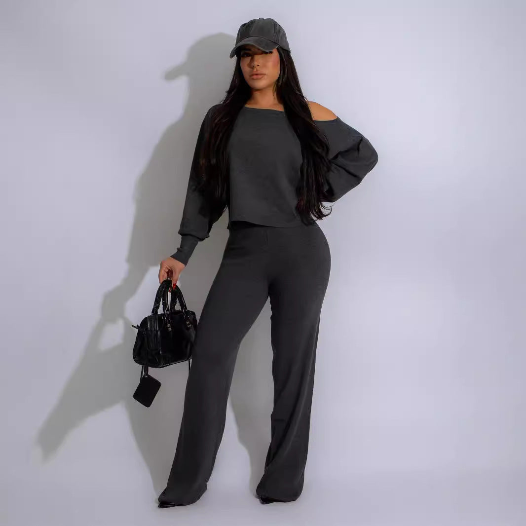 Women Autumn Solid Casual Loose strapless Top and Pant Set 5