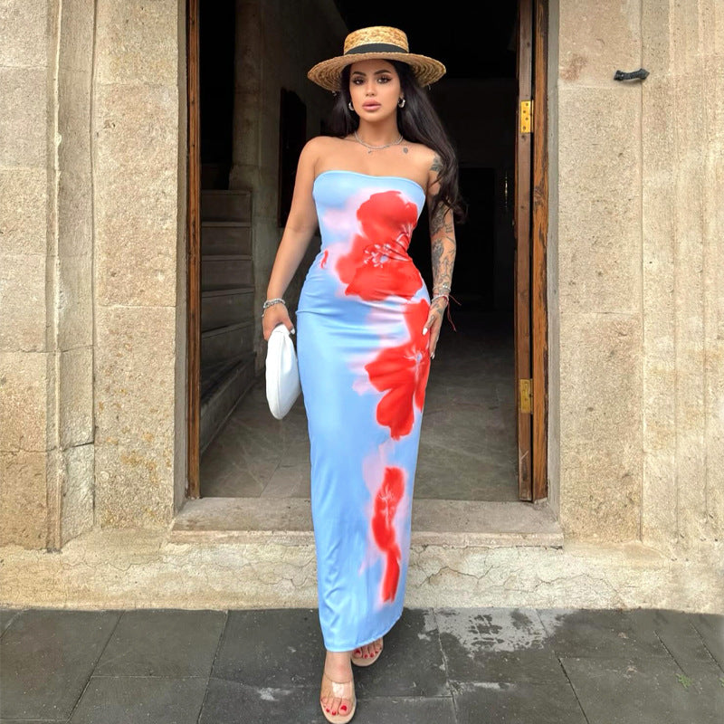 Women Summer Strapless Floral Print Slit Maxi Dress