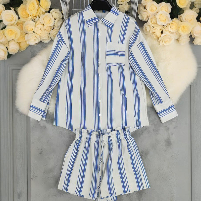 Women's Autumn Long Sleeve Shirt & Striped Shorts Casual Two-Piece Set 6