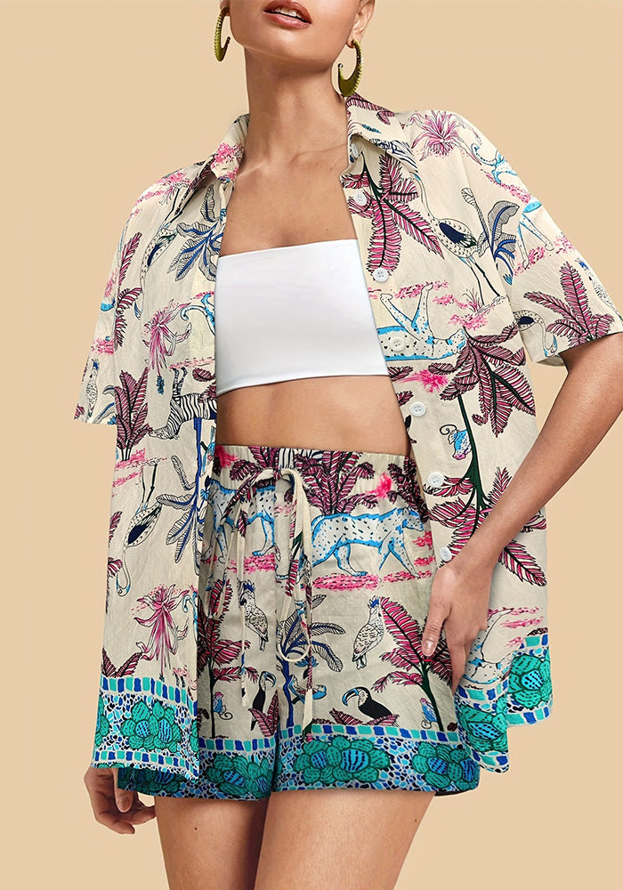 Summer Holidays Bohemian Print Turndown Collar short sleeve shirt top elastic waist shorts two-piece set