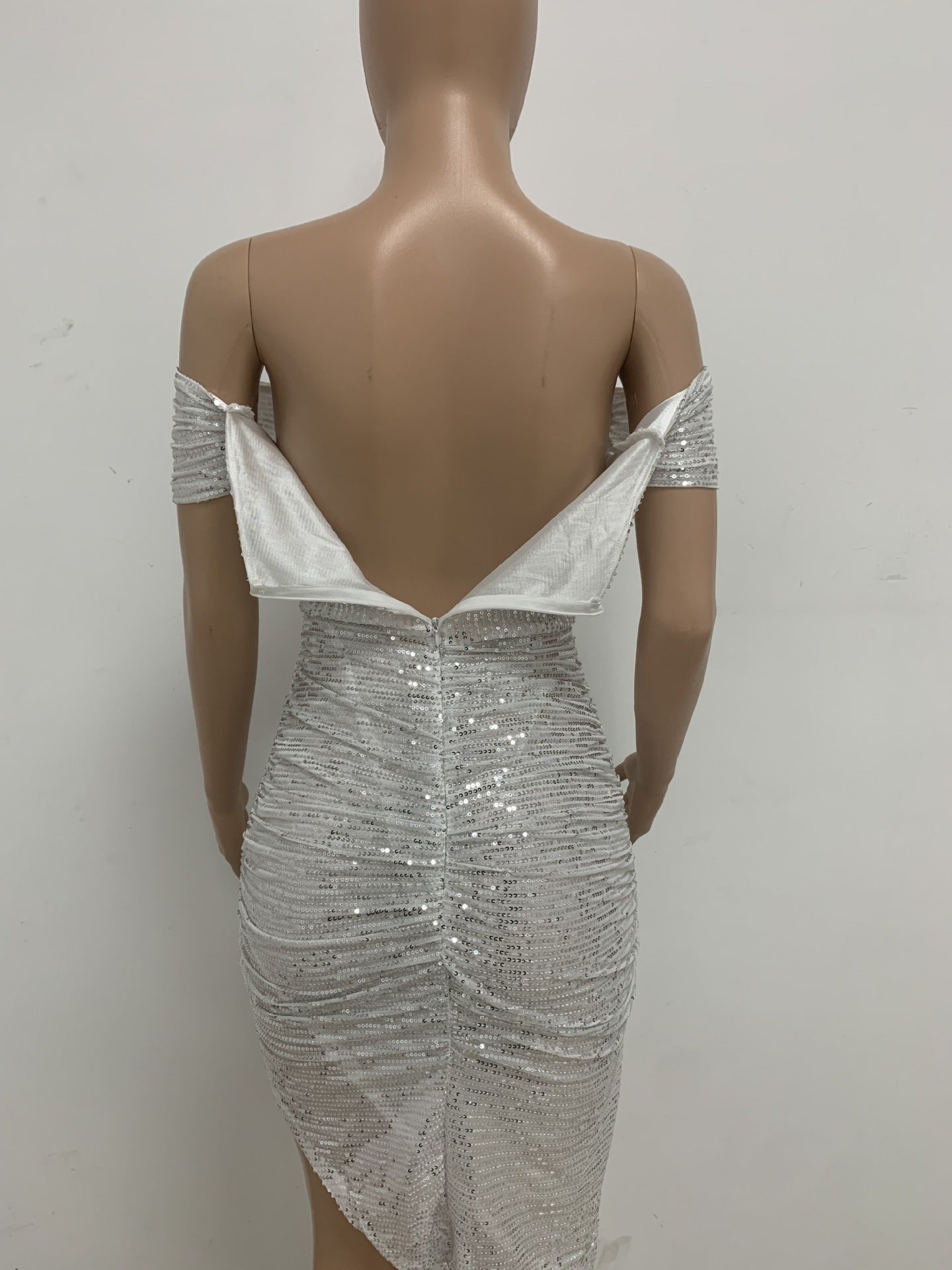 Women French Off Shoulder Sequin Pleated Dress 19