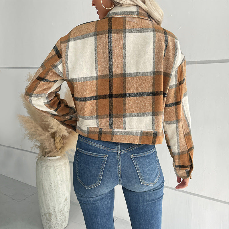 Women Autumn Crop Plaid Cardigan Shirt Vintage Jacket Coat