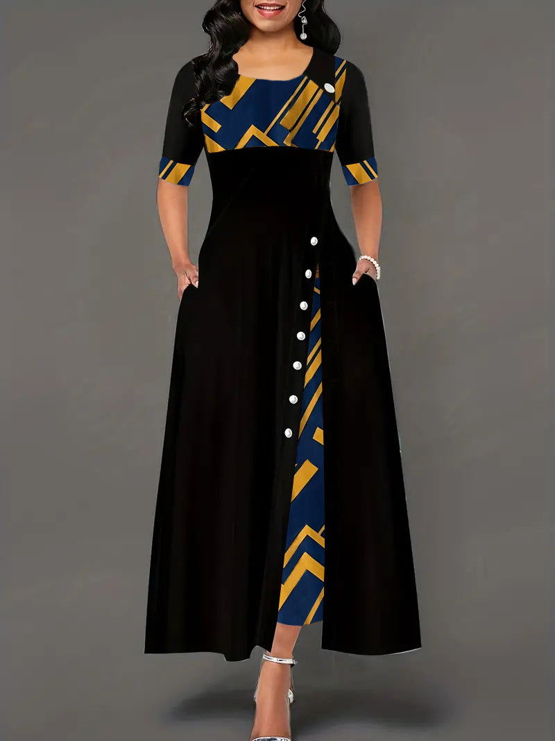 Plus Size Women's Summer Chic Contrast Slim Fit Short Sleeve Print Dress 3