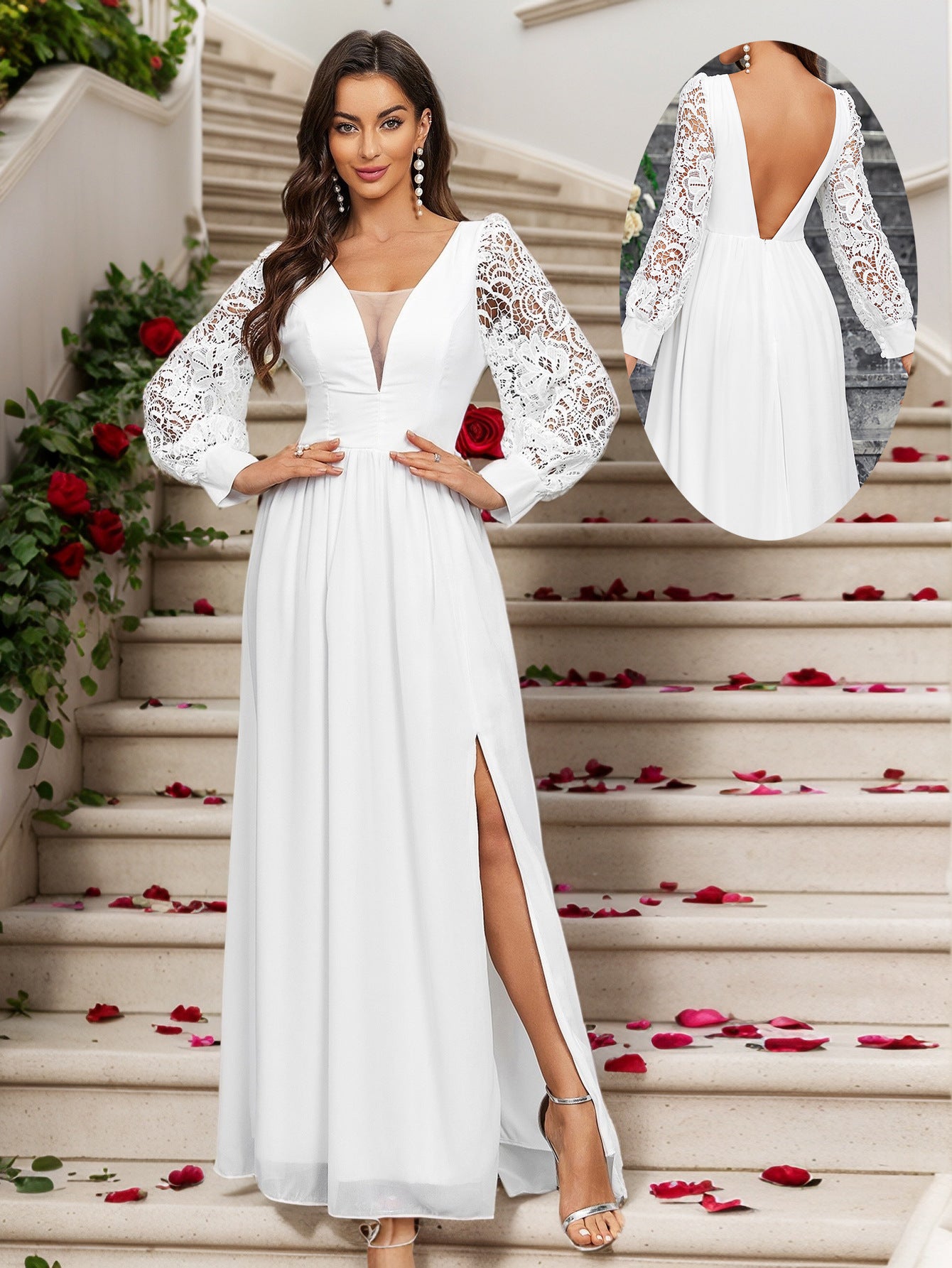 Spring Elegant V-Neck Low Back Long Sleeve Slit Women's Wedding Dress