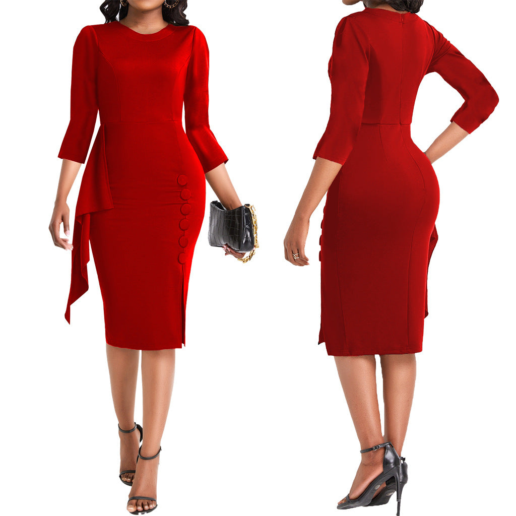 Sexy Fashion Ruffle Solid Color Midi Women's Dress 4