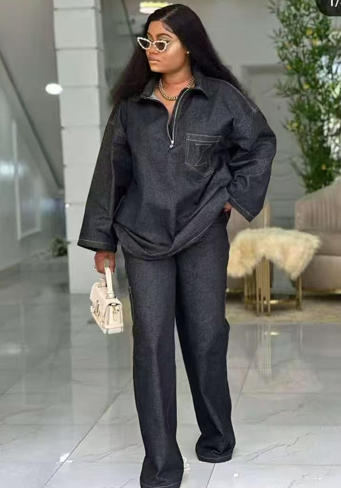 Women Autumn Denim Long-Sleeved Embroidered Turndown Collar Top and Two-Piece Pants Set