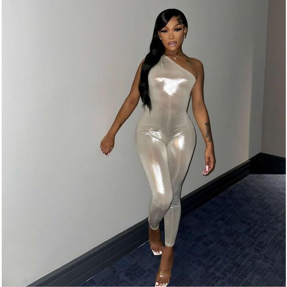 Sexy One Shoulder Solid Color Sleeveless Slim Fitted Pu Leather Jumpsuit 7