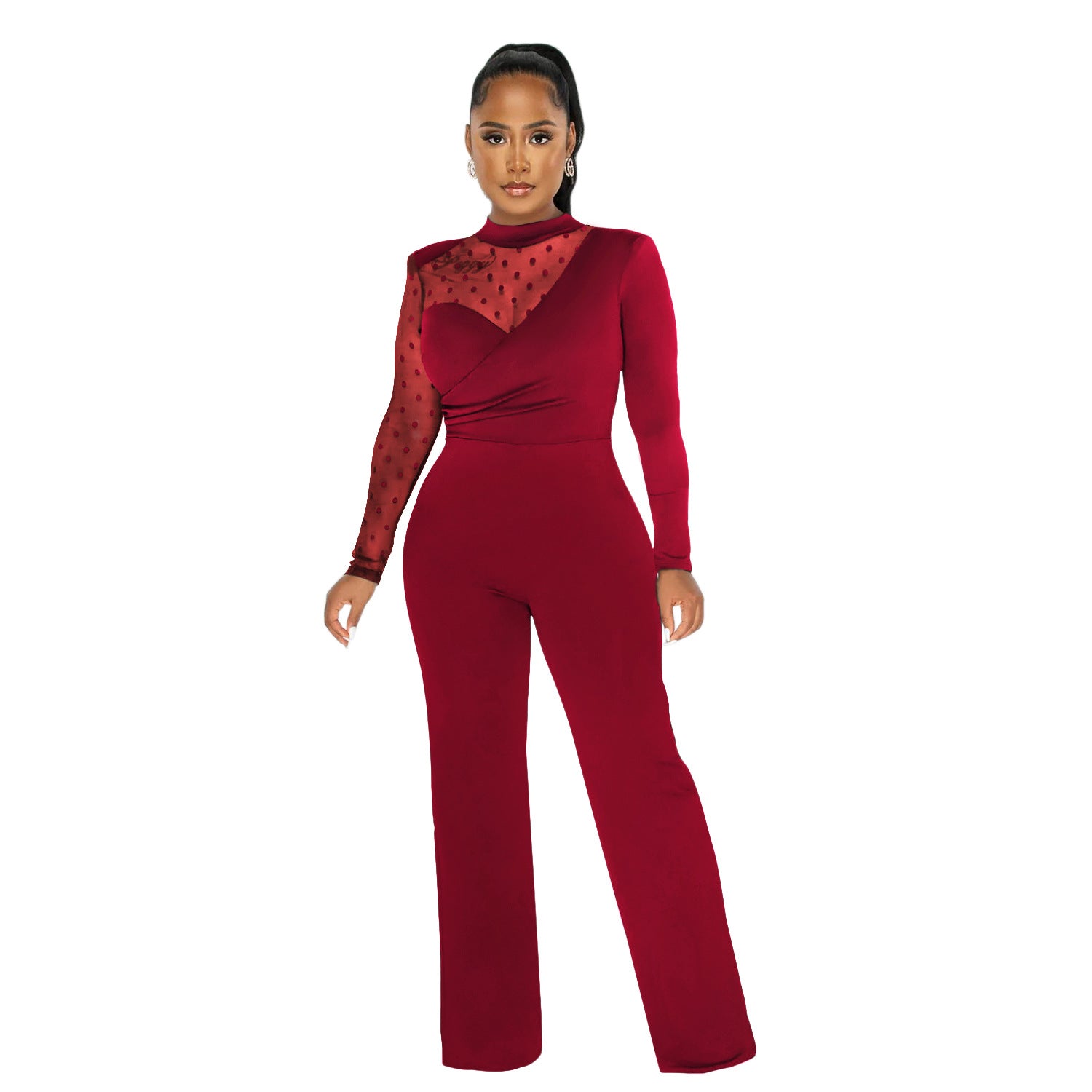 Women mesh See-Through Polka Dot Long Sleeve Jumpsuit 11