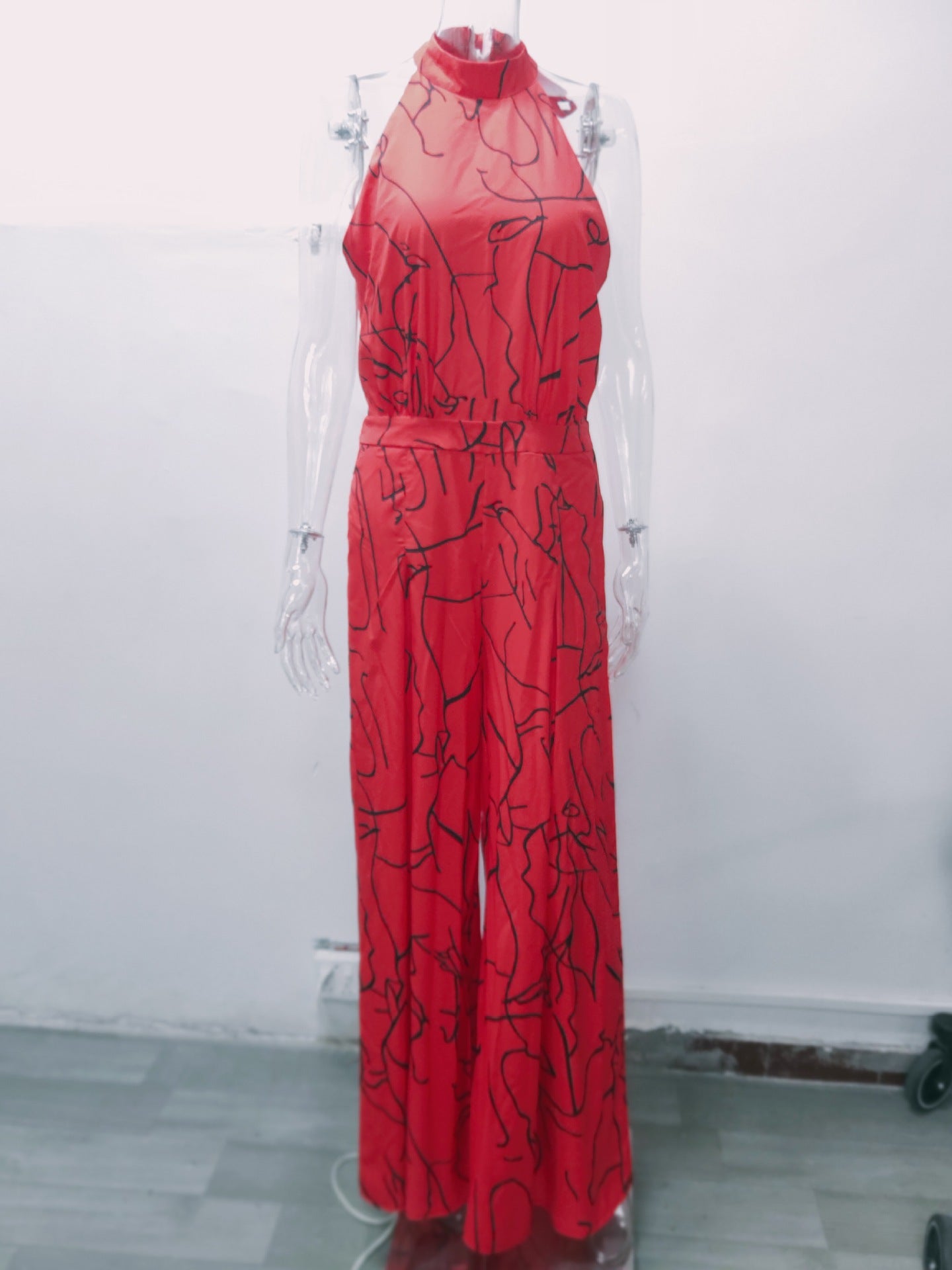 Summer Women Elegant Lace-Up Sleeveless Halter Neck Print Jumpsuit 40