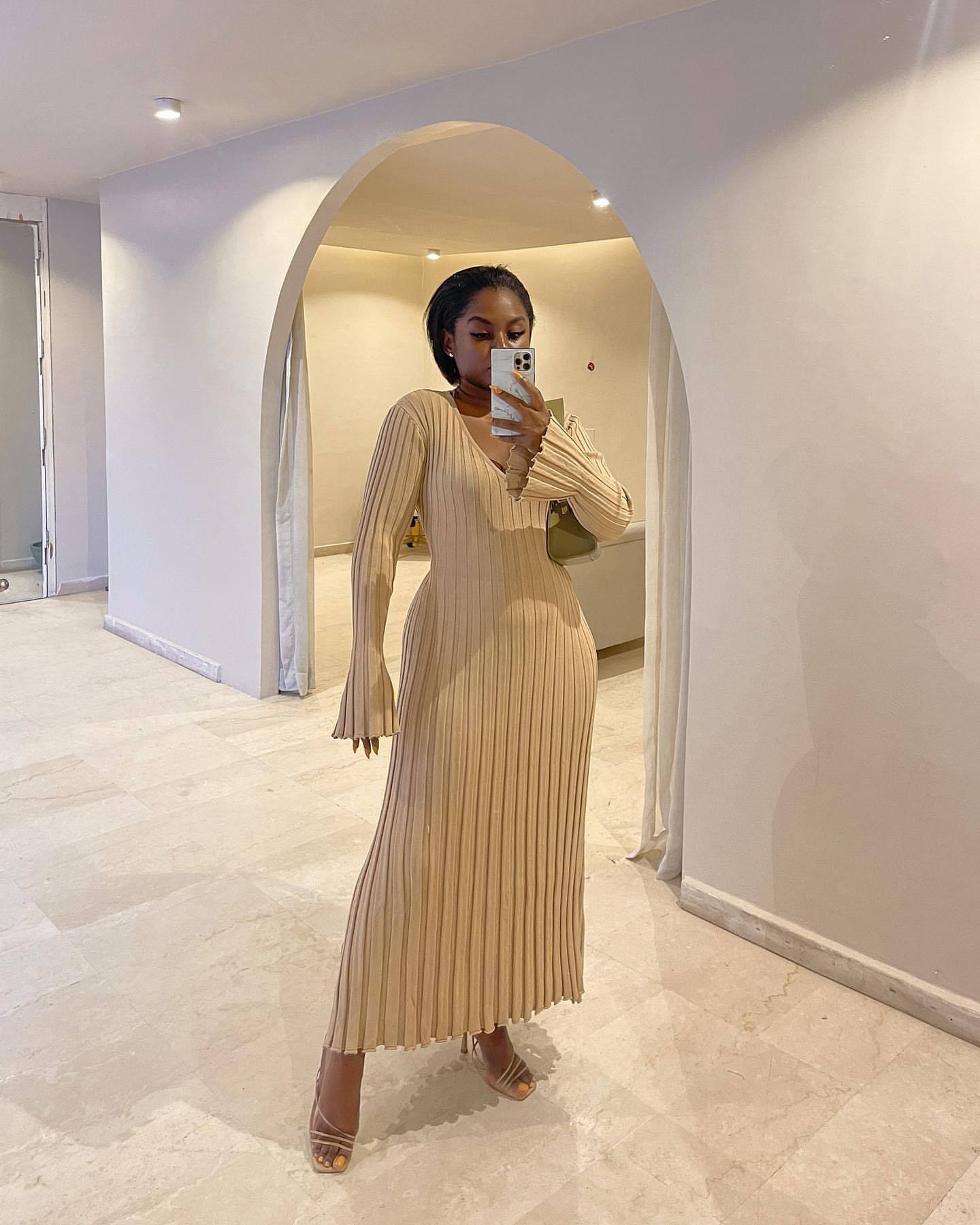 knitting dress Casual Slim Waist V-neck Wide Ribbed Slim Fit long dress