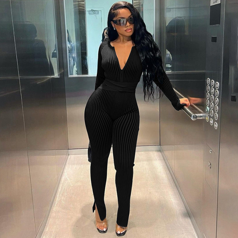 Women Sexy Ribbed Lace-up Casual Jumpsuit