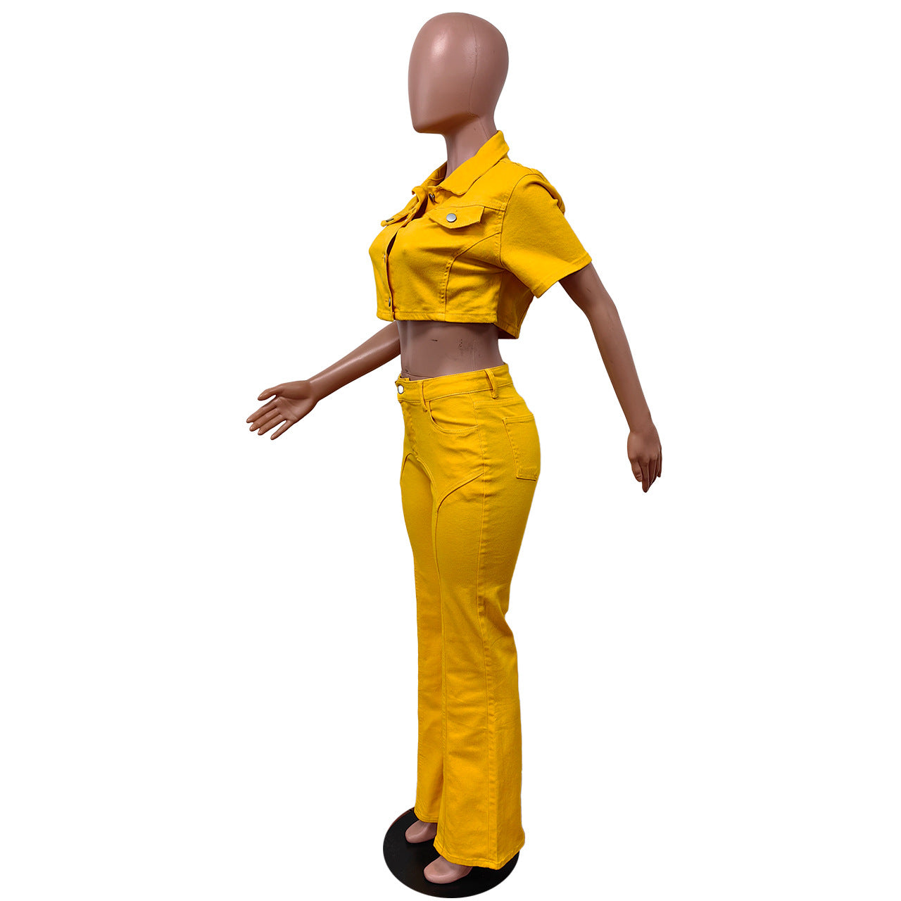 Spring And Summer Denim Short Sleeve Suit Solid Color Jacket Bell Bottom Stretch Pants Two Piece Set 19