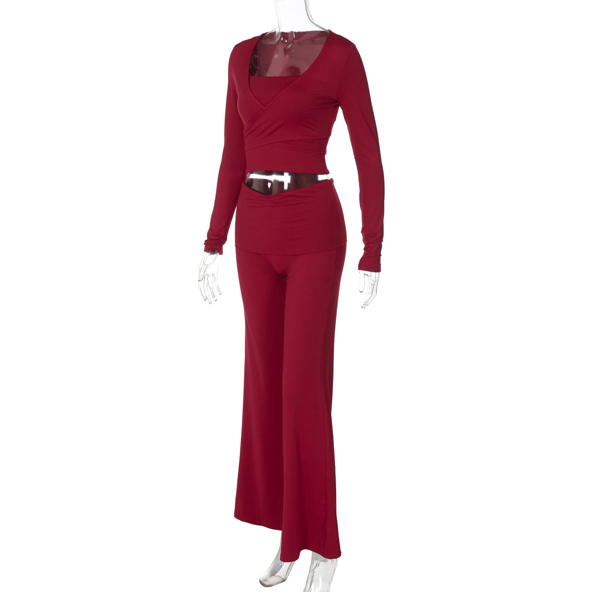 Autumn And Winter Solid Color Casual Long-Sleeved Top Strapless Top Bell Bottom Pants Three-Piece Set 11