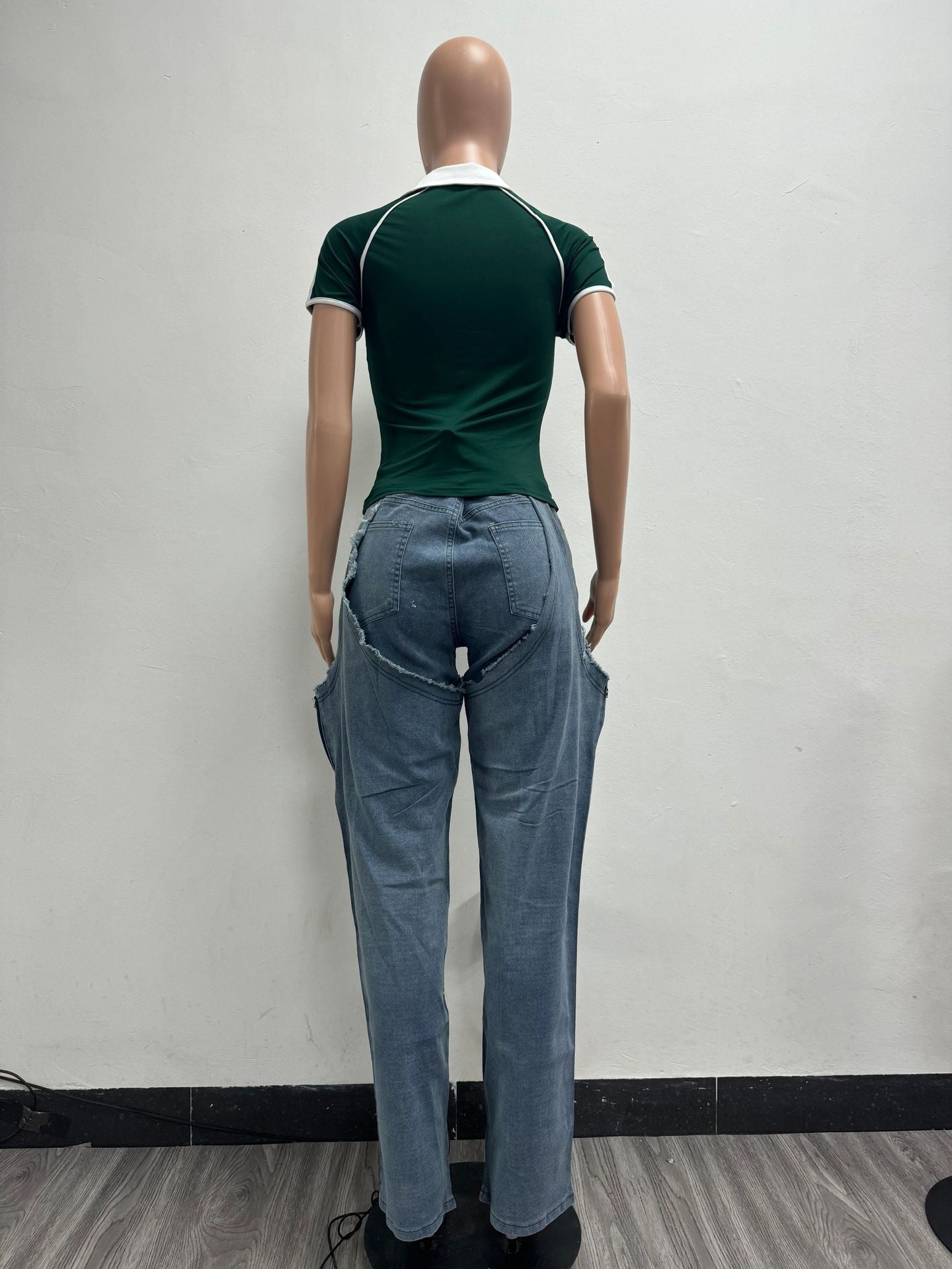 Fashion Irregular hollow Patchwork zipper Beaded elastic Denim pants 8