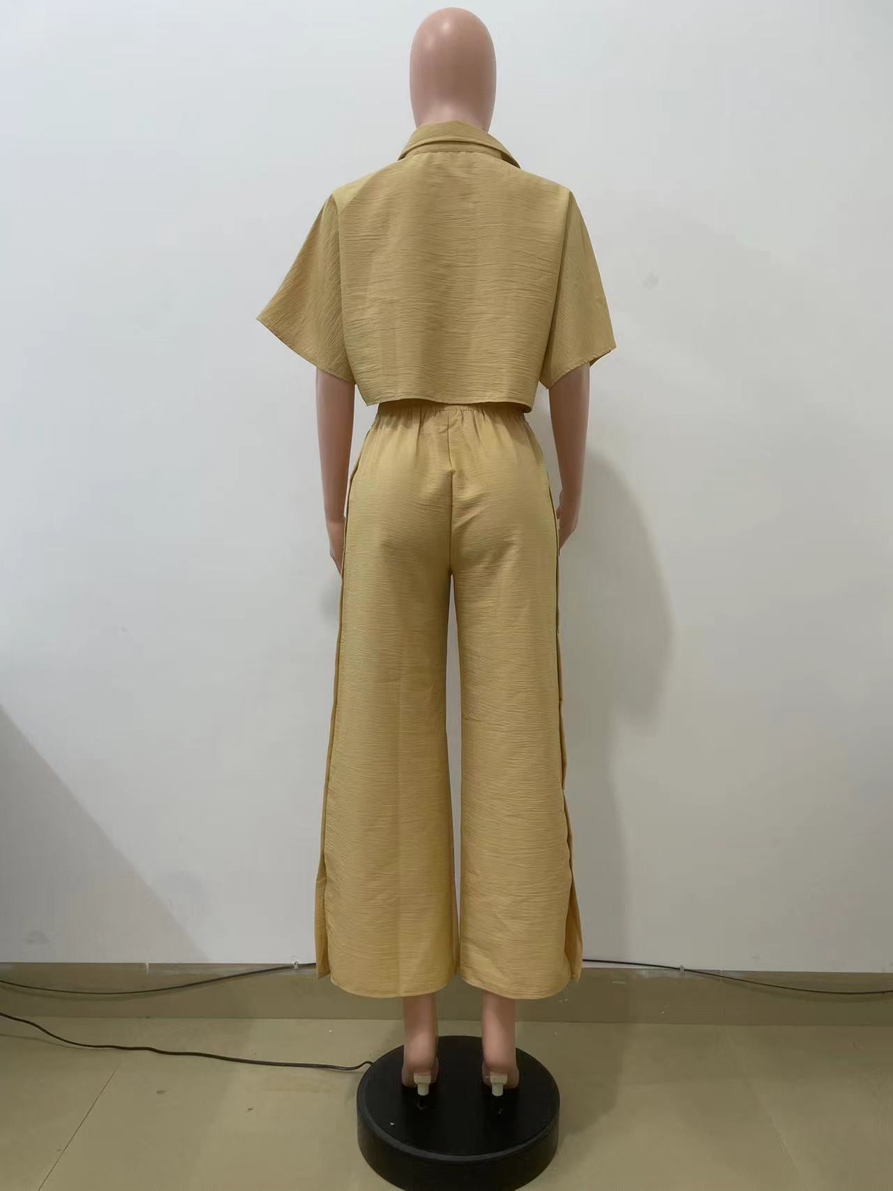 Women turndown collar shirt and nine-point wide-leg pants two-piece set 12