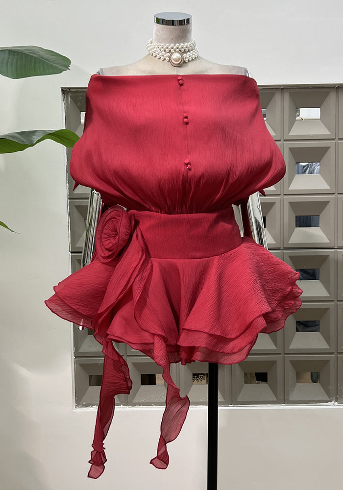 Off-Shoulder Bubble Sleeve Floral Mini Dress with Matching Shorts