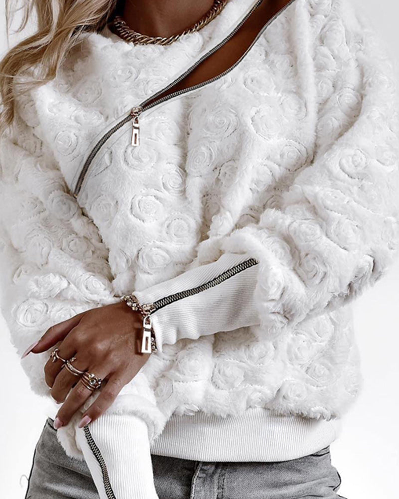 Women Zipper Rib Patchwork Casual Top 5