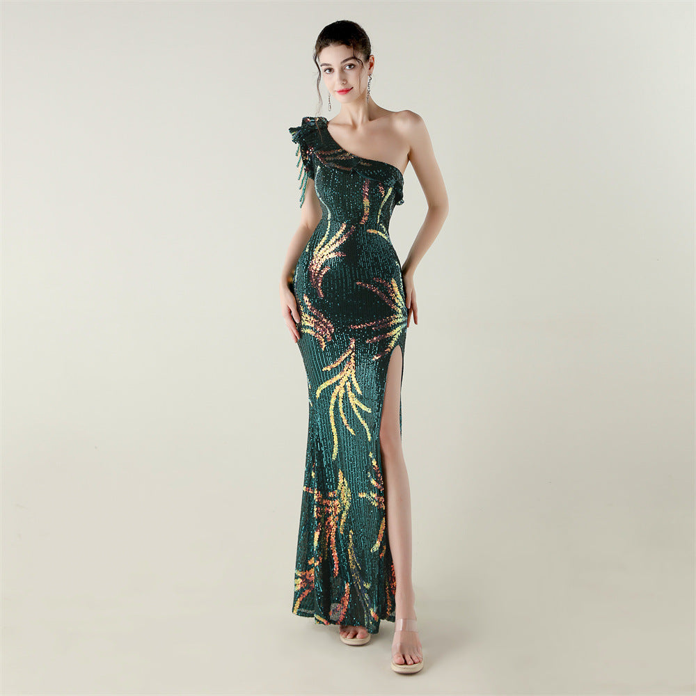 Sequin Beaded One-Shoulder High Slit Fishtail Dinner Party Dress 14