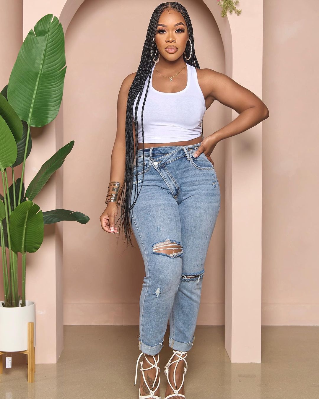 Women Ripped Diagonal Zip Denim Pants 5