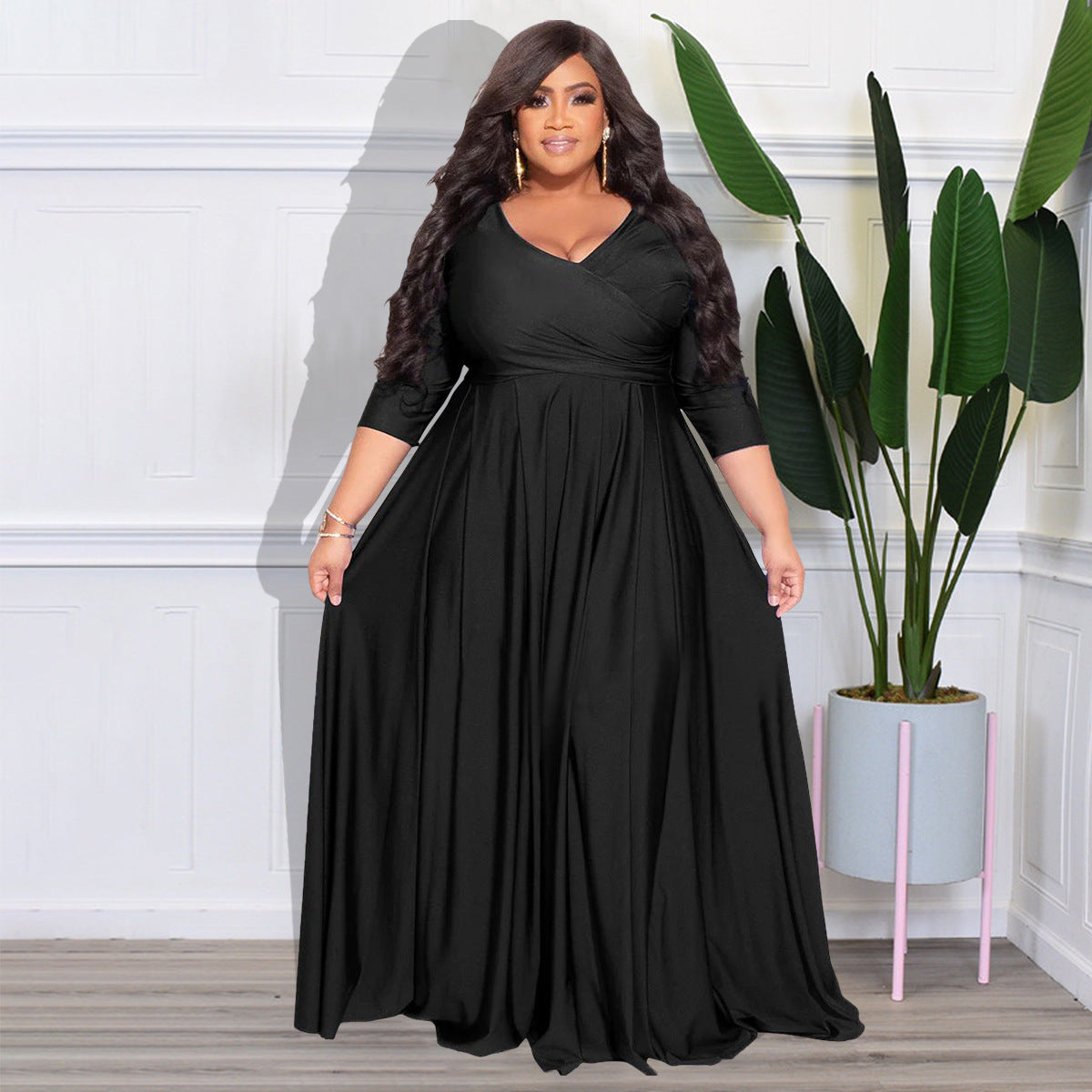Plus Size Women's Solid Color V-Neck Sexy Wedding Long Dress