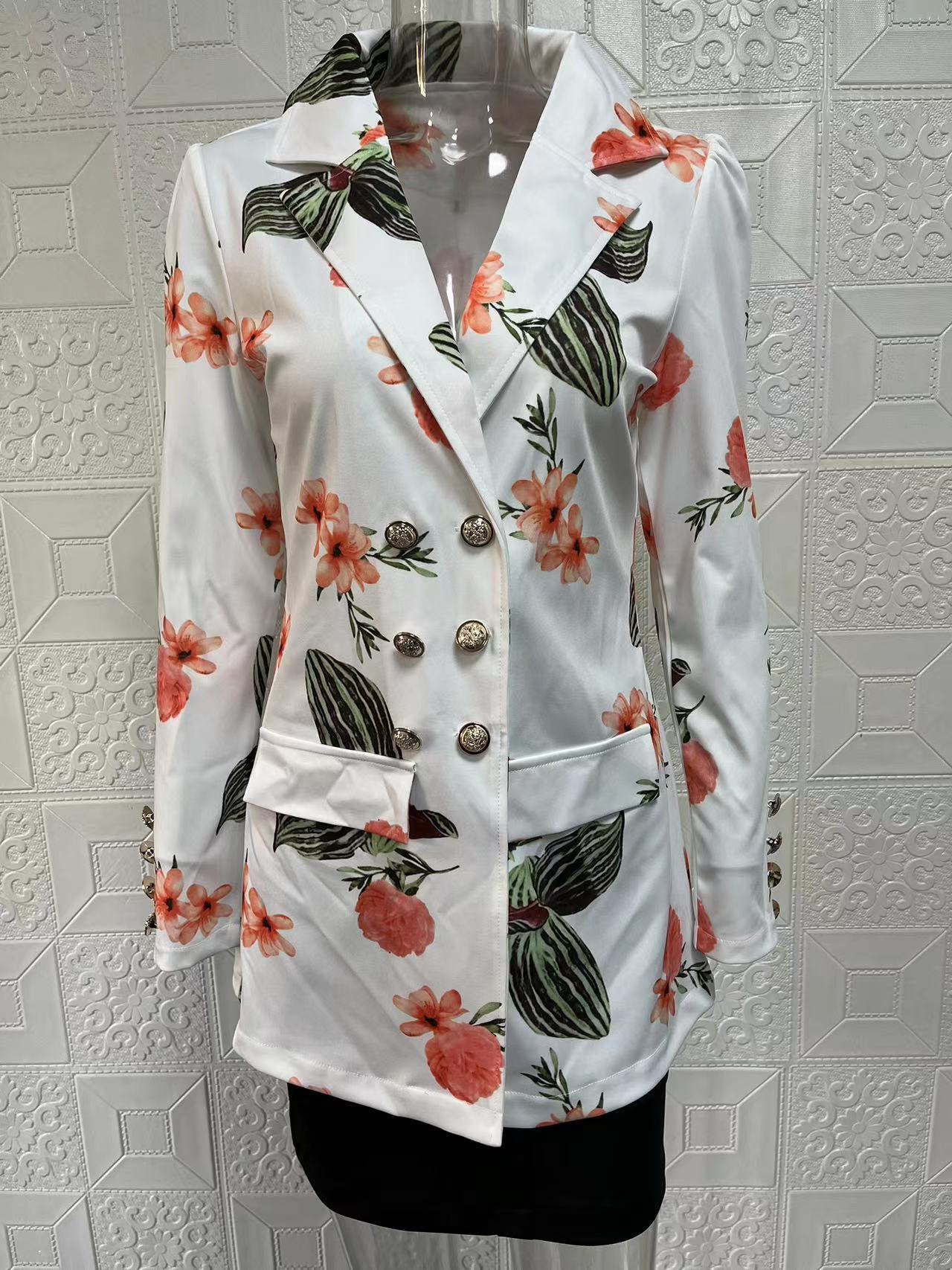 Women Printed Elegant Career Blazer and Print Skirt Two-Piece Set 35