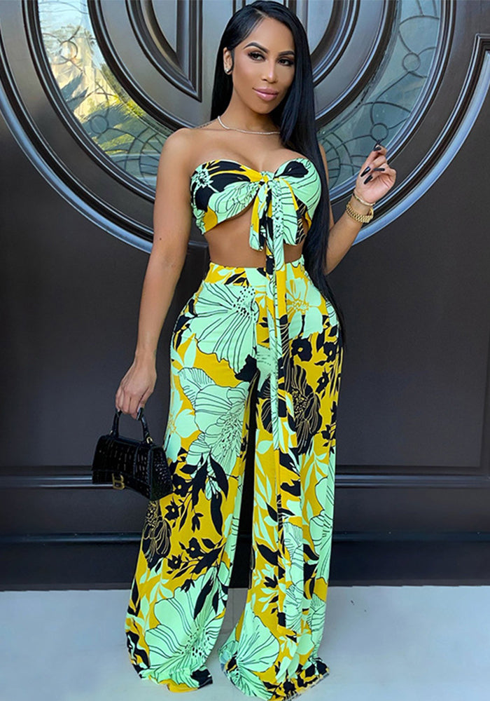 Women Casual Strap Printed Strapless Top and Wide Leg Pants Two-piece Set