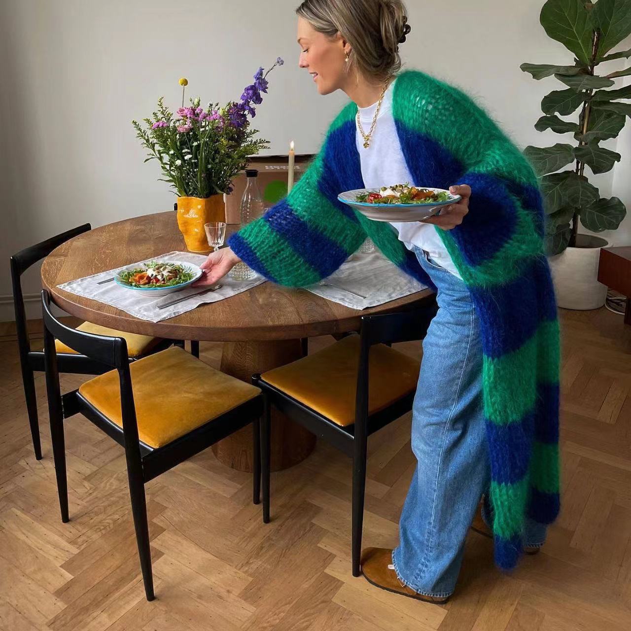 Women autumn contrasting striped long coat sweater 9