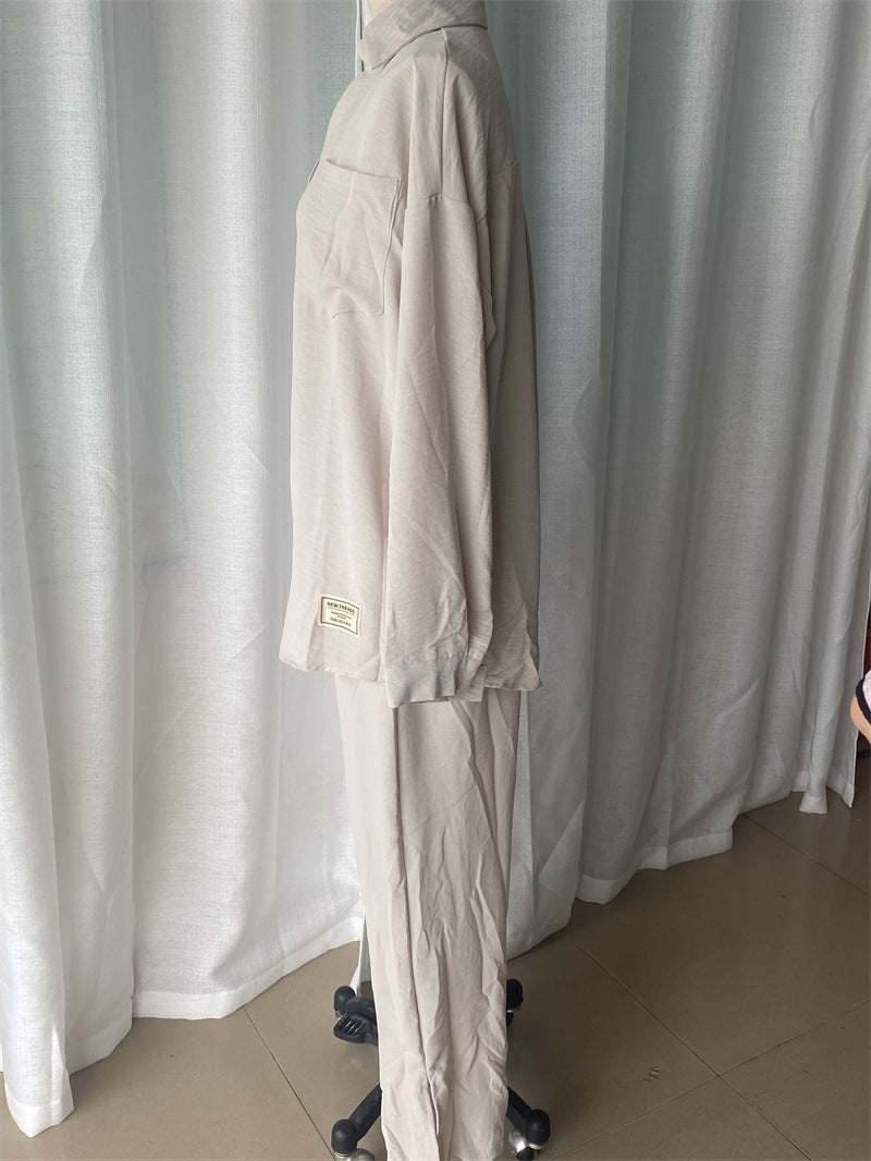 Plus Size Women loose long-sleeved shirt and slit wide-leg pants two-piece set 19