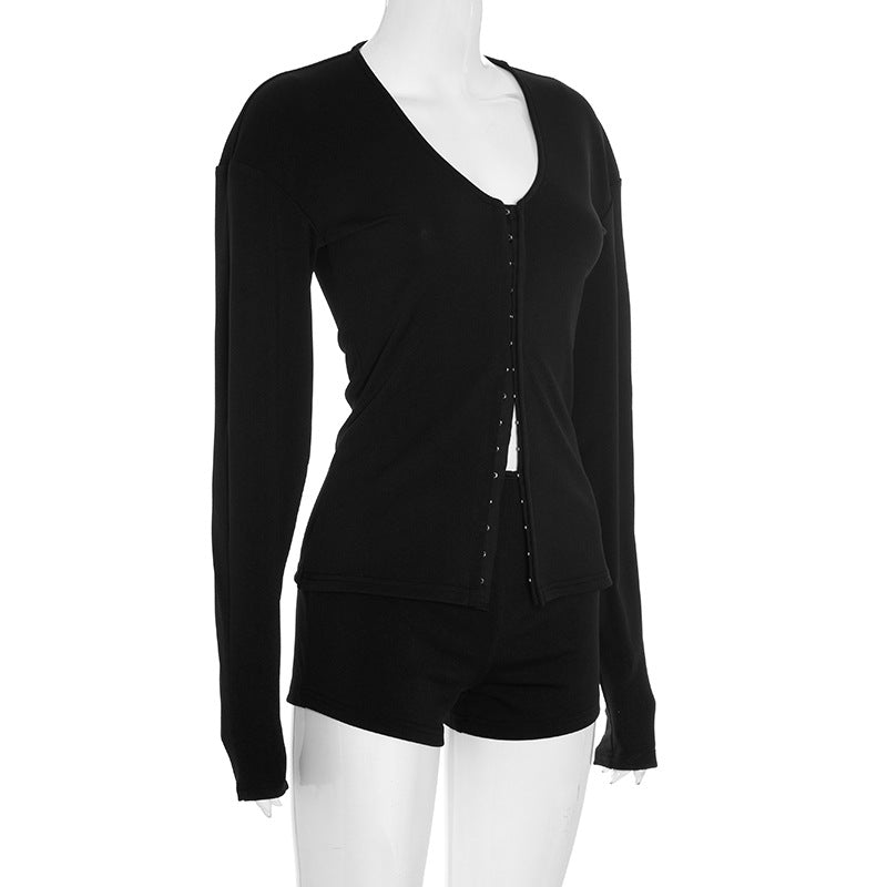 Women's Autumn Winter Round Neck Buttons Slim Waist Long Sleeve Top Shorts Set 5