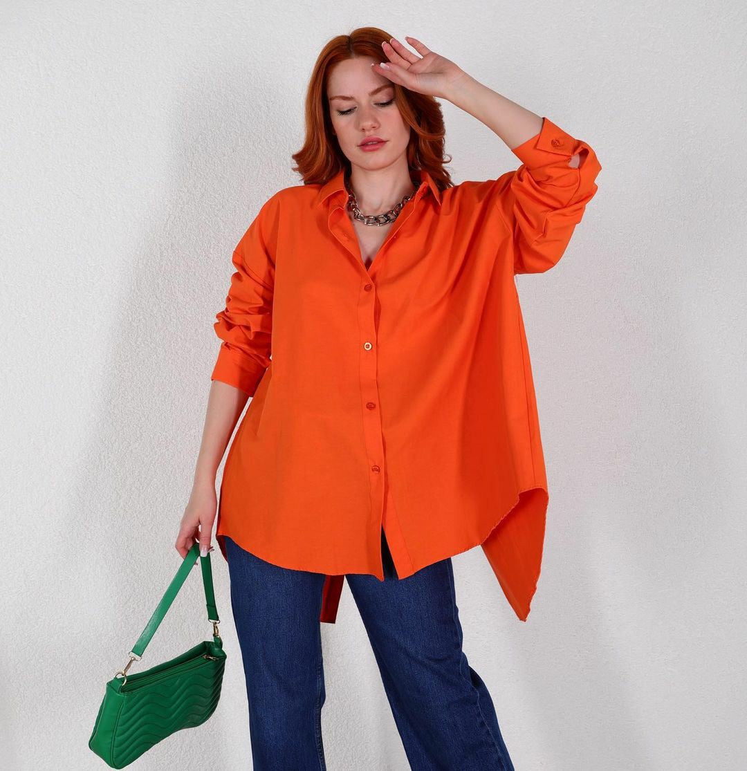 Women Solid Style Long Sleeve Back Slit Loose Shirt 5