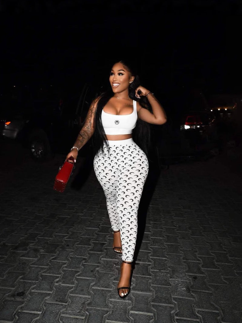 Women summer sexy strap top and printed trousers two-piece set 5