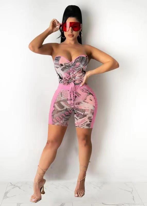 Women Casual print Short-sleeved Top and Shorts Two Piece Set 3