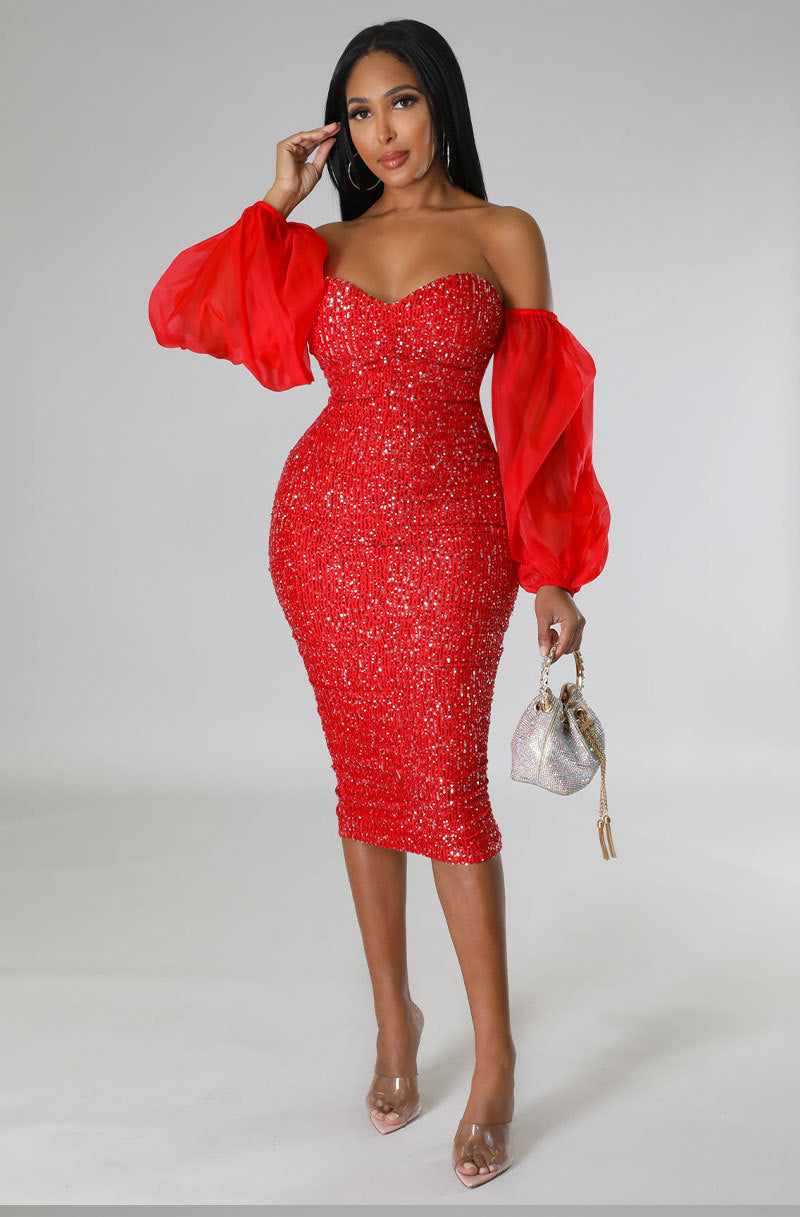 Women French Long Sleeve Sequin Off Shoulder Bodycon Dress 4