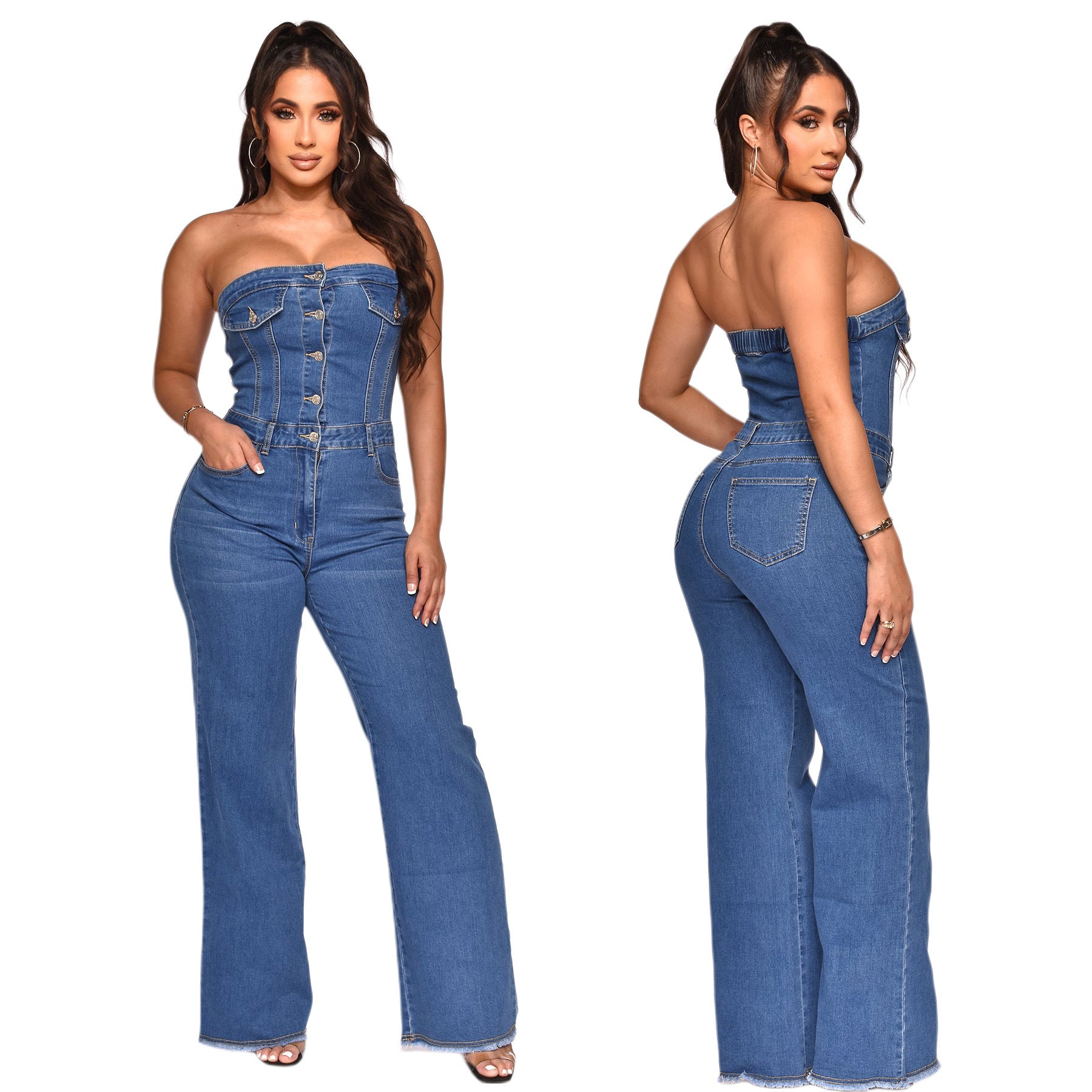 Women's Strapless Slim Fit Micro Bell Bottom Denim Jumpsuit 3