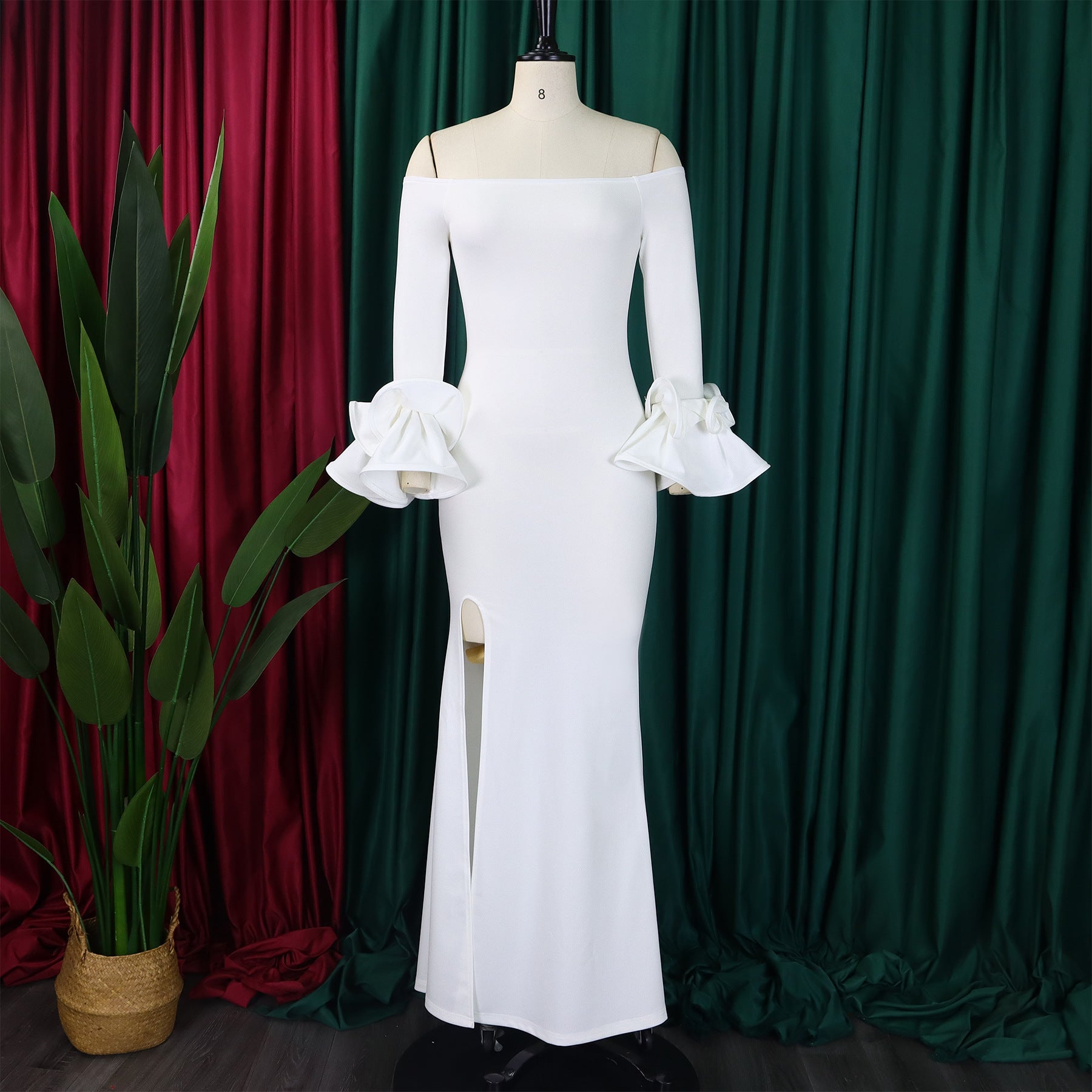 Fashionable And Elegant Off Shoulder Ruffle Sleeves Slit Formal Party Long Dress 9