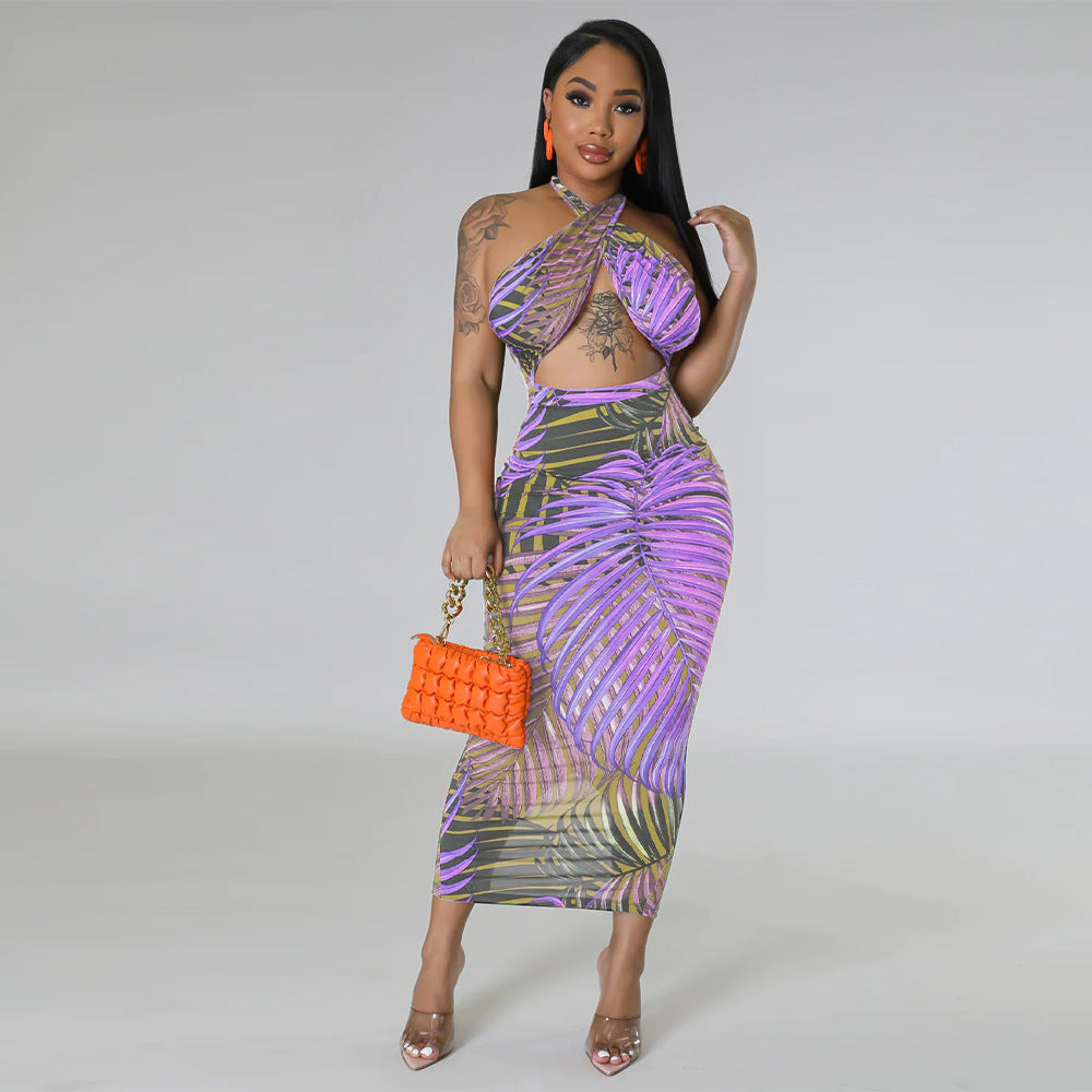 Women's Sexy Sleeveless Lace-Up Low Back Dress Slit Print Maxi Dress 3